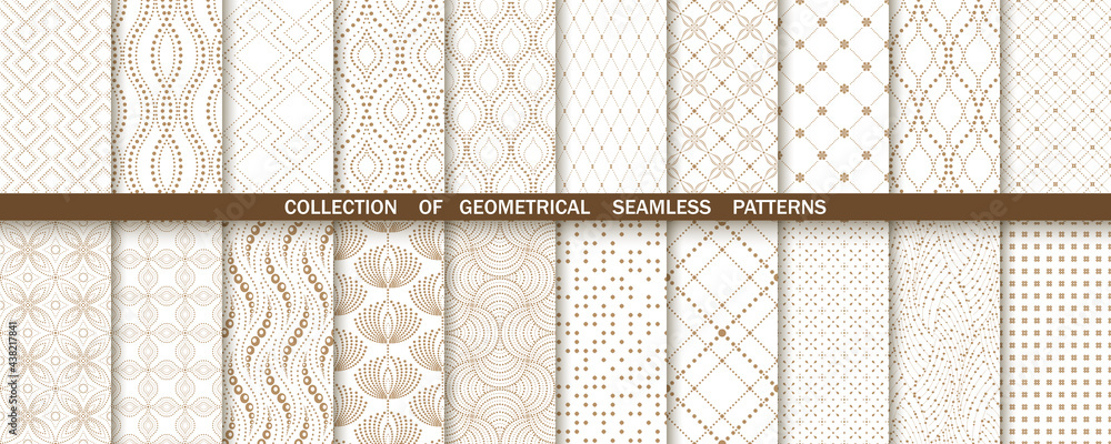 Geometric set of seamless gold and white patterns. Simple vector graphics - obrazy, fototapety, plakaty 
