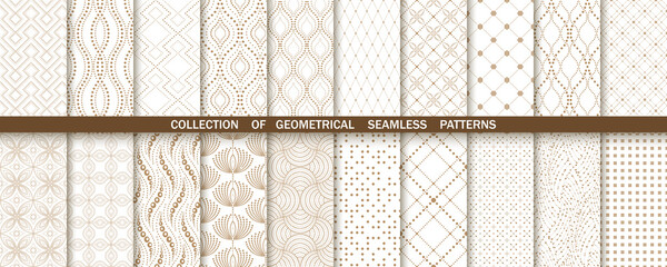 Geometric set of seamless gold and white patterns. Simple vector graphics