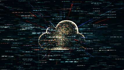 Abstract technical animation of cloud technology and computer science, random moving hash codes and others elements which creating abstract 3D animation of information technology and services