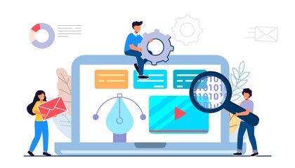 Wall Mural - building website project as programming homepage process tiny person vector illustration concepts fo