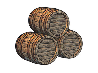 Wall Mural - three stacked wooden barrels for beer, wine, whisky, rum and other alcohol. hand drawn vector illust