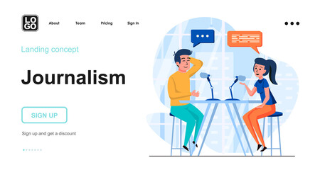 Journalism web concept. Man and woman talking in live broadcast, interview recording at studio. Template of people scene. Vector illustration with character activities in flat design for website