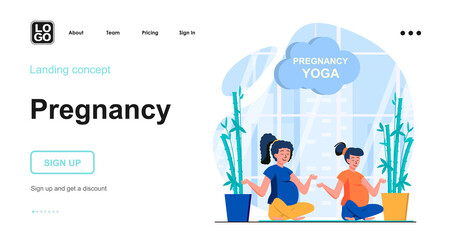 Aufkleber - Pregnancy web concept. Pregnant women do yoga, practice lotus position and meditate relaxation. Template of people scene. Vector illustration with character activities in flat design for website