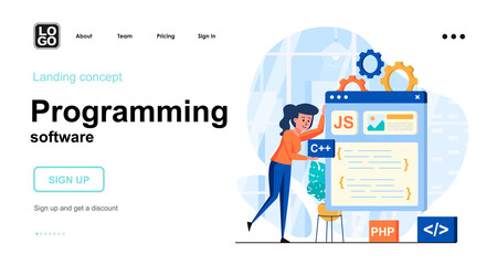 Programming software web concept. Woman develops layout of program, creates application interface. Template of people scene. Vector illustration with character activities in flat design for website