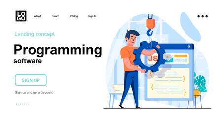 Programming software web concept. Man configures program, develops code, creates app interface. Template of people scene. Vector illustration with character activities in flat design for website