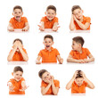 A cute schoolboy with different emotions. Collage. White background. Square format.