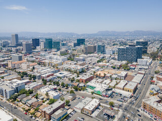 Los Angeles, CA, LA County, June 2, 2021: Aerial View of LA Koreatown with Wilshire Blvd, Vermont St, 7th St around Bullocks, historical art deco building, Southwestern Law School