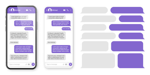 Realistic smartphone with messaging app. Blank SMS text frame. Messenger chat screen with violet message bubbles. Social media application. Vector illustration.