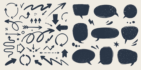 Abstract arrows and Speech bubbles set. Various doodle arrows and talk balloons with grunge texture. Hand-drawn abstract vintage infographic Vector collection.