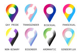 Fototapeta Młodzieżowe - LGBTQ location icons. Gay pride and community colors flags gradient map pins for decoration. Design elements for party flyers, banner, brochure, navigation, positioning, event template. Pride month