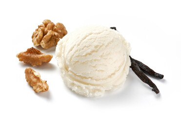 Aufkleber - Scoop of vanilla ice cream with walnuts on white background. Ice cream with vanilla isolated. Ice cream for package design.