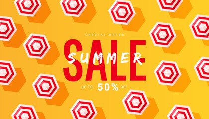 Summer sale banner layout template design with sun umbrella beach accessory. Vector Illustration