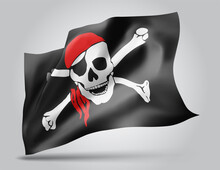 3d Vector Mesh Flag Of A Pirate Skull On A Black Background With Waves In The Wind.