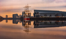 Glasgow Scotland 02 March 2021 Reflection Of Ship At Sunset Over The River Clyde, Glasgow March 2021