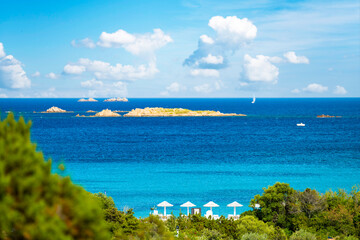 Wall Mural - Stunning view of some white beach umbrellas on a beach bathed by a turquoise sea. Blurred green vegetation in the foreground, Romazzino Beach, Porto Cervo, Sardinia, Italy.