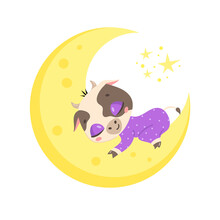 Vector Illustration Of A Cute Cartoon Cow Sleeping On The Moon. Baby Animals Are Sleeping.
