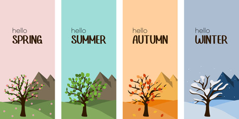 Vertical four season banner hello spring, summer, autumn and winter tree. Outdoor illustration concept. Mountains on background for website.