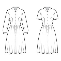 Set of Dresses shirt technical fashion illustration with short long sleeves, camp collar, knee length full skirt, button closure. Flat apparel front, white color style. Women, men unisex CAD