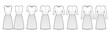 Set of Dresses pleated technical fashion illustration with long elbow short sleeves sleeveless, fitted body, knee length skirt. Flat apparel front, back, white color style. Women men unisex CAD mockup