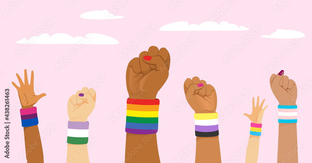 Group of raised up fists wearing different LGBT identity flags on wristband - obrazy, fototapety, plakaty 