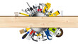 various hand working tools and buzz saw blade behind wooden plank with copy space isolated white background. DIY hardware store equipment so it youself work concept.