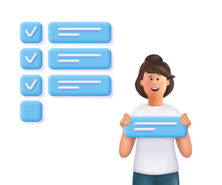 Wall Mural - Young woman Jane holding a task sign, standing nearby a giant marked checklist. Concept of task completion, set a task, planning, time management. 3d vector people character illustration.