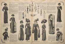 Old Newspaper Page Vintage Fashion Engraving. Used Paper Background