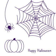 Spider web and hanging spider, festive pumpkin. Happy halloween linear blue card with words. Decorating the room for the holiday, decoration, design object, banner, poster. Vector flat style