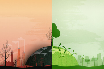 Aufkleber - Global warming and climate change concept.Half world of polluted and green environment background.Paper art of ecology and environment concept.Vector illustration.