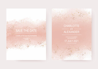 Wedding invitation templates with peach watercolor brush stroke and gold confetti.