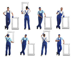 Canvas Print - Workers with plastic window on white background, collage. Installation service