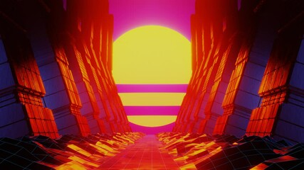 Wall Mural - Rock tunnel and futuristic orange sun. 3D render animation. Vintage design, infinity loop, space and retro futurism. Geometric symmetrical grid. Disco synthwave cyberspace