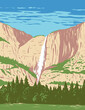 WPA poster art of Yosemite Falls, the highest waterfall in Yosemite National Park located in the Sierra Nevada of California done in works project administration style or federal art project style.