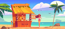 Summer Beach With Tiki Bar And Girl In Bikini. Sea Landscape With Wooden Cafe, Bartender And Beautiful Woman In Sunglasses. Vector Cartoon Illustration Of Tropical Ocean Shore With Palm Trees