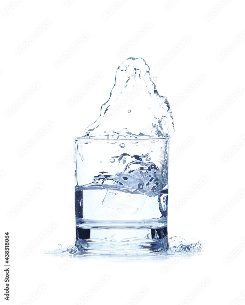 Glass of water with splash on white background