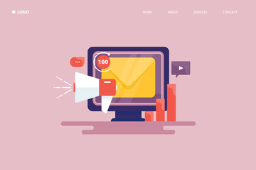 Marketing campaign with email promotion, sending email to subscribers, email analytics displaying graph, engaging customer with new business message notification. Advertising marketing email program.