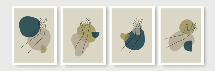 Wall Mural - Set of creative minimalist hand draw illustrations hand gesture outline pastel biege simple shape for wall decoration, postcard or brochure cover design
