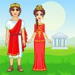 Animation portrait of a family in clothes of Ancient Greece. Background - the mountain valley, the antique temple. Vector illustration.