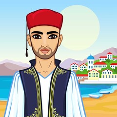 Wall Mural - Animation portrait of the young man in  ancient Greek suit.  Background - a sea landscape, mountains, the old city port. Vector illustration.