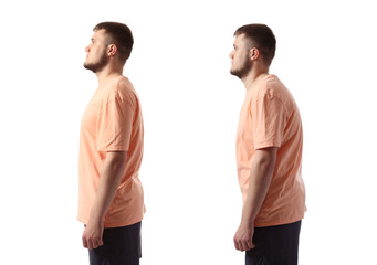 Young man with bad and proper posture on white background