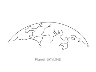 Poster - Planet skyline and world map in one continuous line drawing. Earth globe horizon in linear style. Minimalistic vector illustration