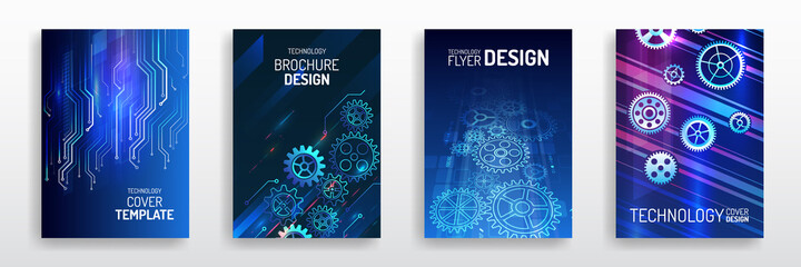 Sticker - Vector template for brochure or cover with gears, mechanical elements background. Blue layout futuristic brochures, flyers, placards. Contemporary science and digital technology concept.