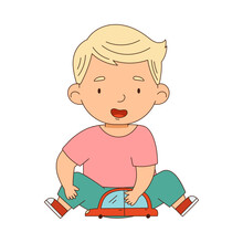 Little Blond Boy Playing With Toy Car Having Fun On His Own Enjoying Childhood Vector Illustration