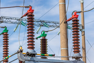 High voltage power transformer,generator electric in substation.Front view to high-voltage substation with switches.