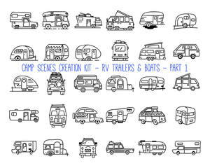 Wall Mural - Set of linear icons of camper trailers