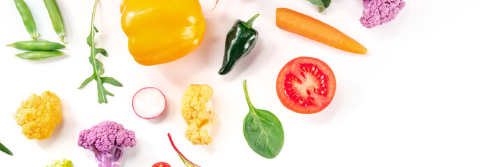 Wall Mural - Vegetable panorama with copy space. Various fresh produce, shot from the top on a white background. Healthy summer salad ingredients