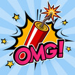 Dynamite stick or firecracker with a burning fuse, explosion and text OMG on blue background. Vector illustration in comic cartoon style