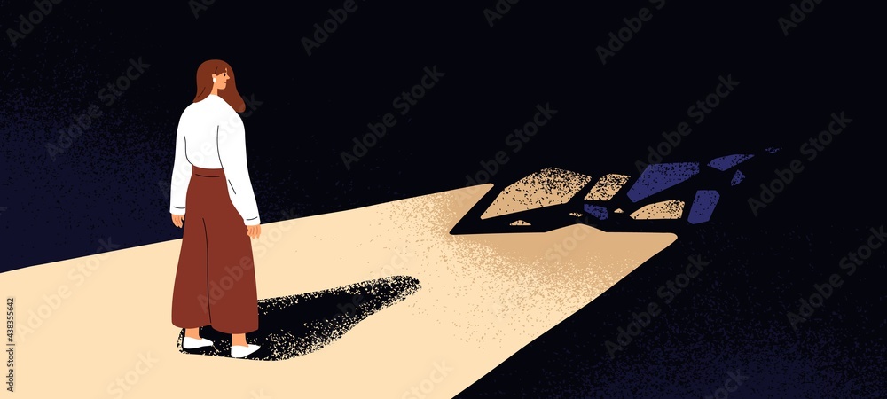 Concept of stepping into unknown future. Person standing on light path, facing darkness. Woman before going toward fear, dark, scary and strange challenging way. Colored flat vector illustration - obrazy, fototapety, plakaty 
