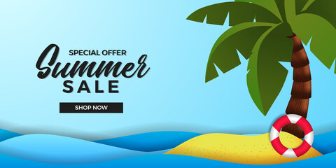 Wall Mural - Summer sale offer banner template with sand beach island with coconut palm tree