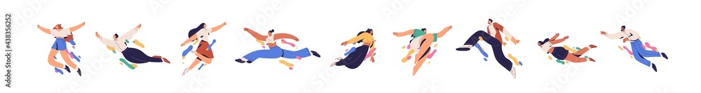 Happy free people flying, floating and jumping in air. Concept of freedom, development and aspirations. Men and women moving forward. Colored flat vector illustration isolated on white background - obrazy, fototapety, plakaty 